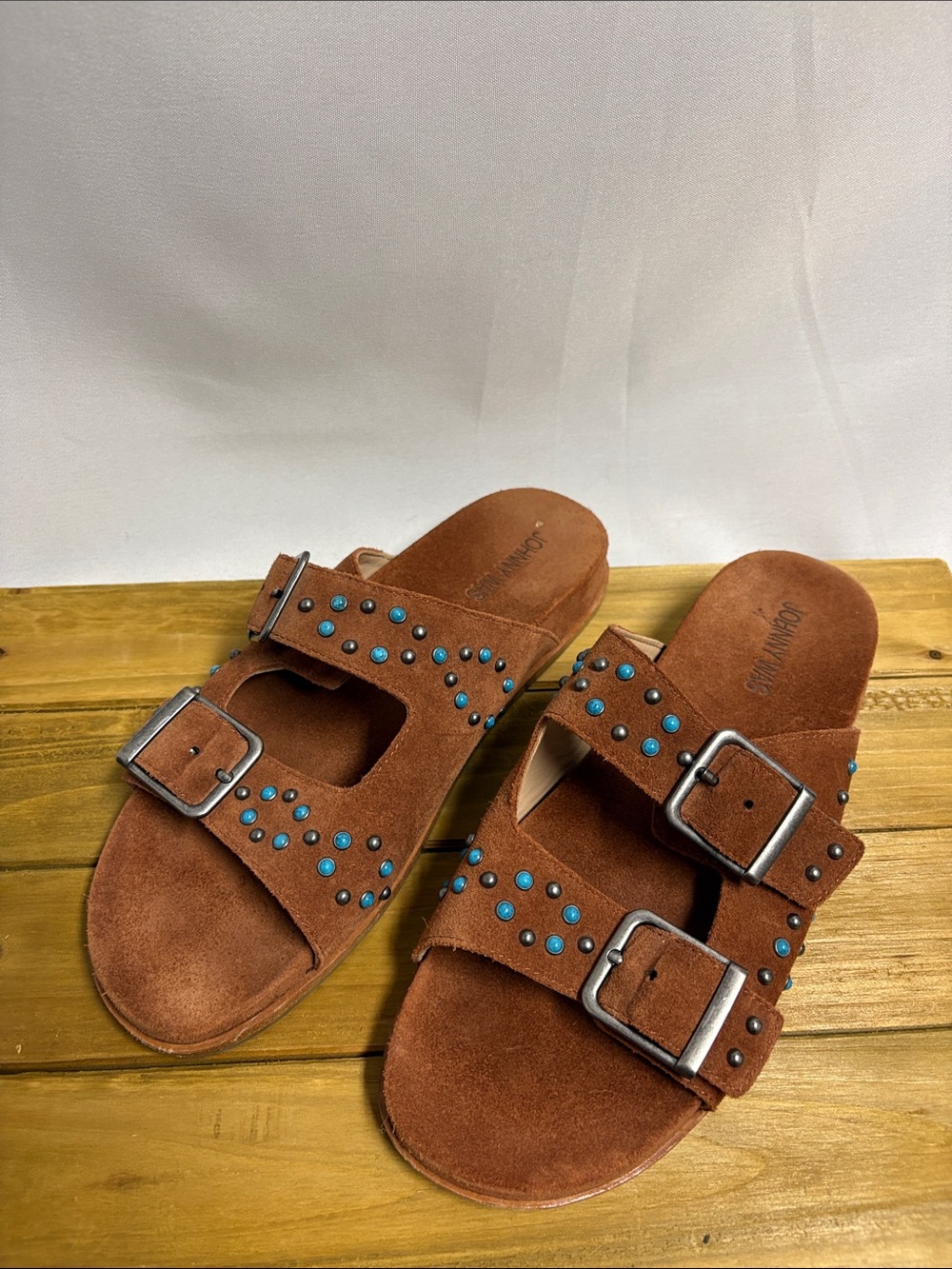 Johnny Was Studded Buckle Suede Sandals Brown & Turquoise Size 9